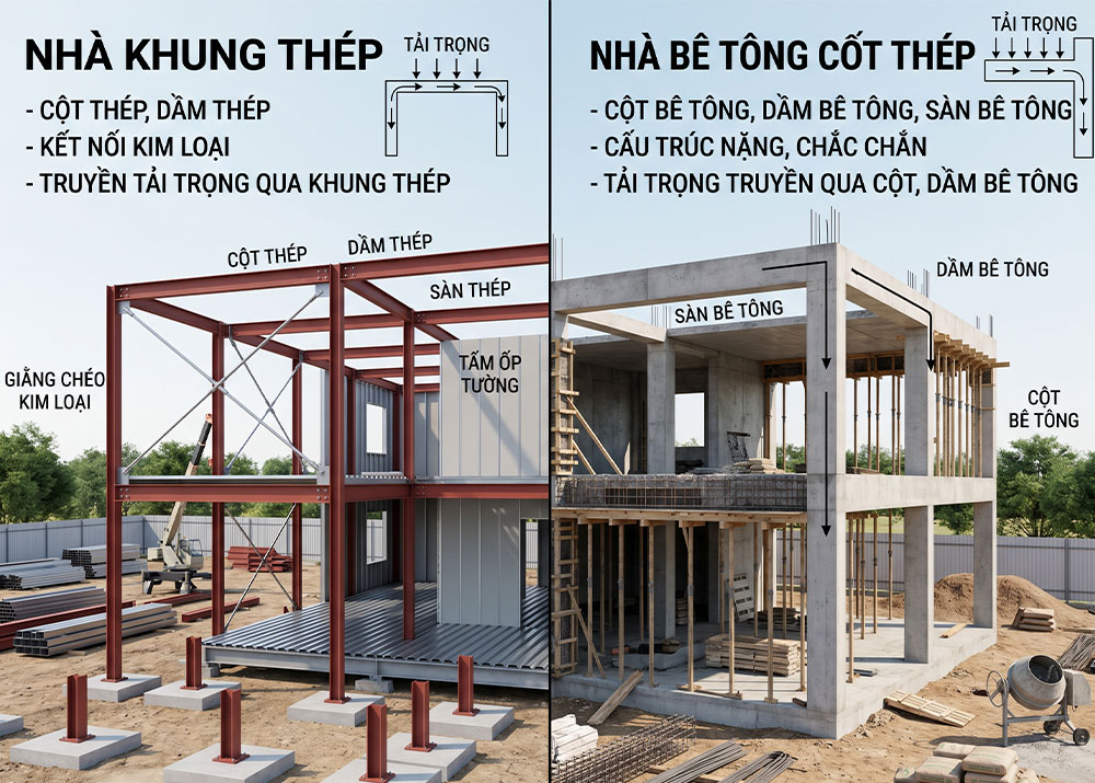 so sánh nhà khung thép và nhà bê tông