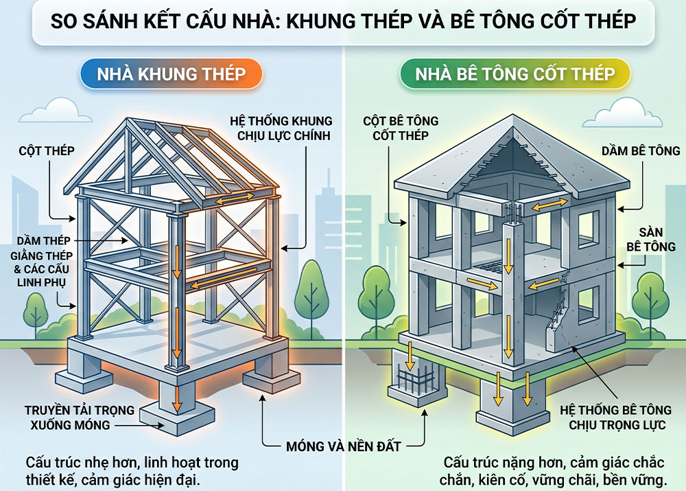 so sánh nhà khung thép và nhà bê tông về kết cấu chịu lực