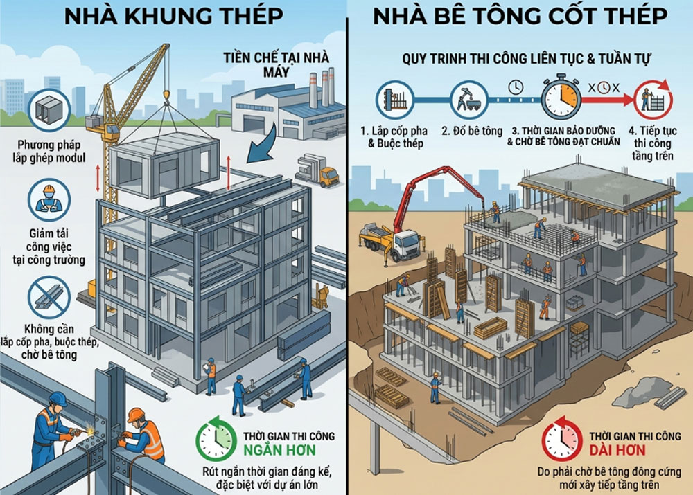 Thời gian thi công của nhà khung thép là nhanh hơn rất nhiều so với nhà bê tông