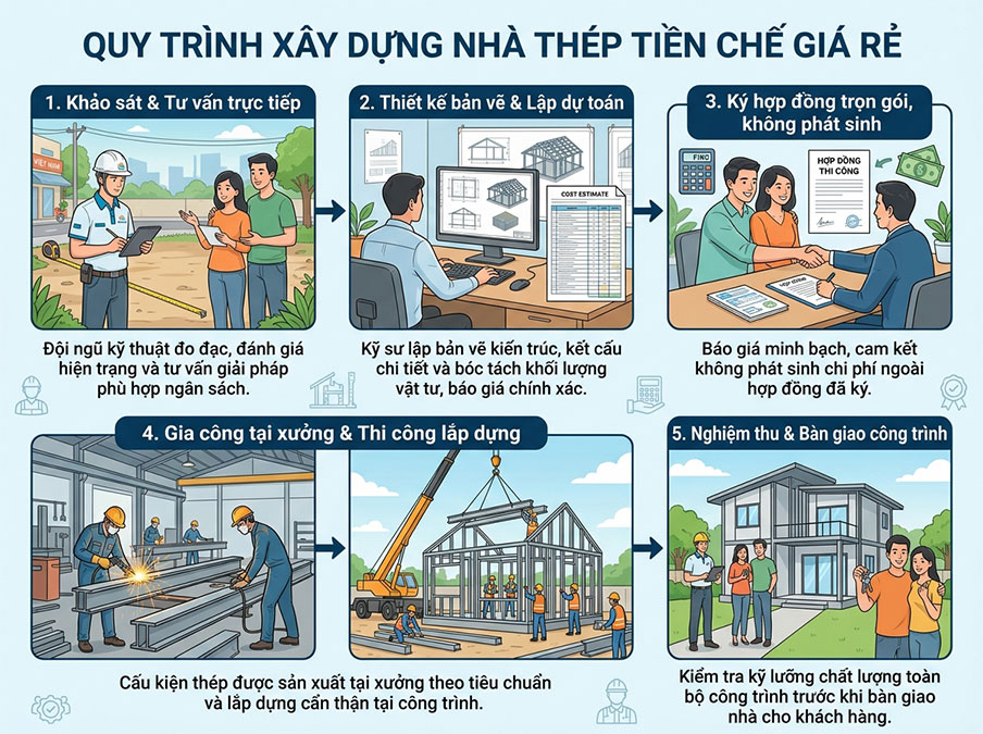 Quy trình thi công nhà khung thép tại Nhà Thép Giá Rẻ